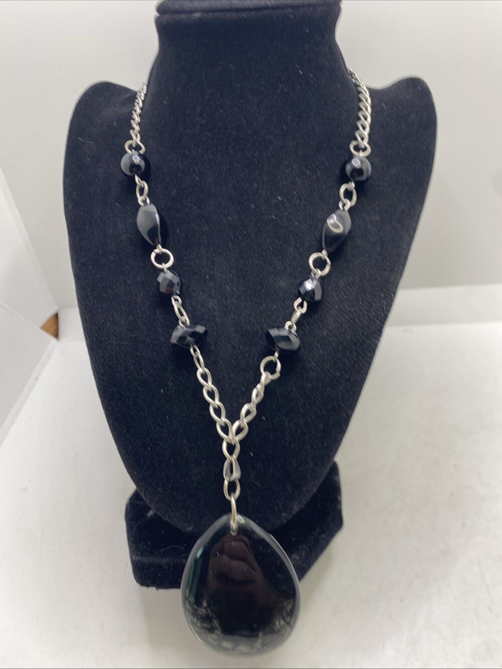Womens Black Bead Gothic Silver Tone Necklace
